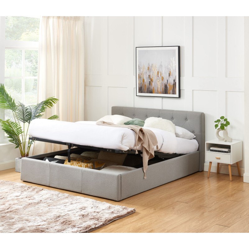 Lit coffre BAHIA tissu gris 160x200 sommier inclus