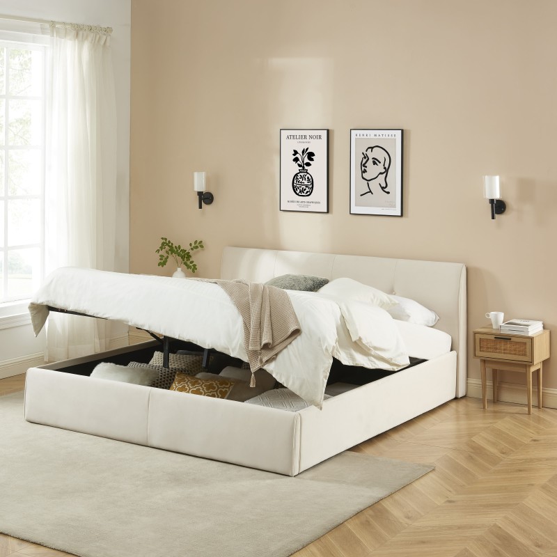 Lit coffre SEGURO velours beige crème 180x200 sommier inclus