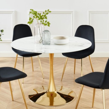 Table à manger MONIKA verre effet marbre 110cm pied doré