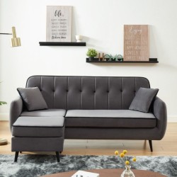 Canapé d'angle SWEETY velours gris pieds métal noir 4 places et 2 coussins