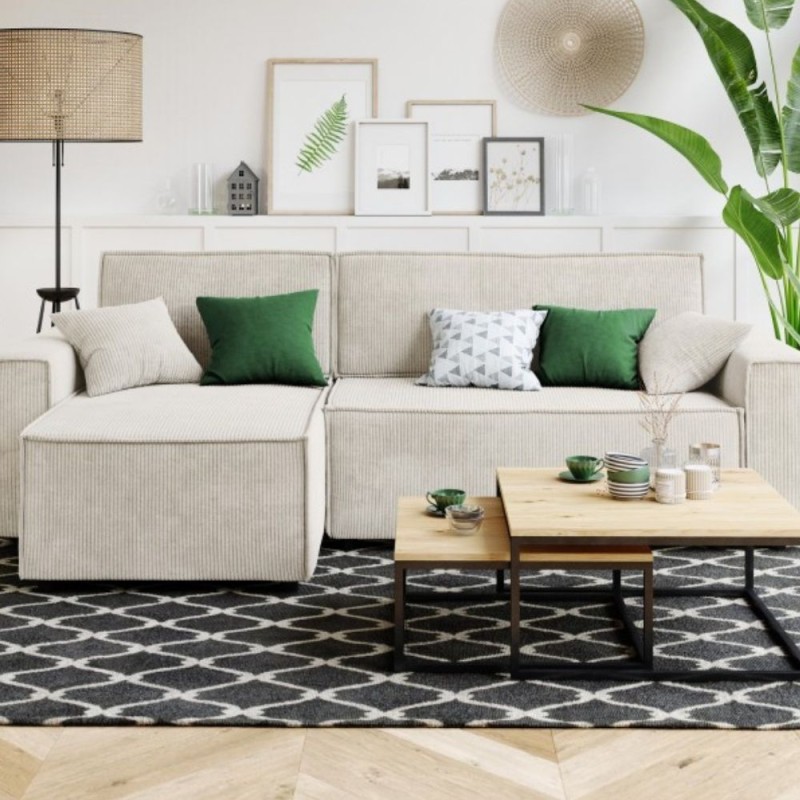 Canapé d'angle AMIR convertible et réversible velours côtelé beige 4 places