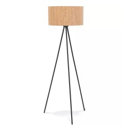Lampadaire trépied ANTONIO avec abat-jour en liège naturel et pieds en métal noir
