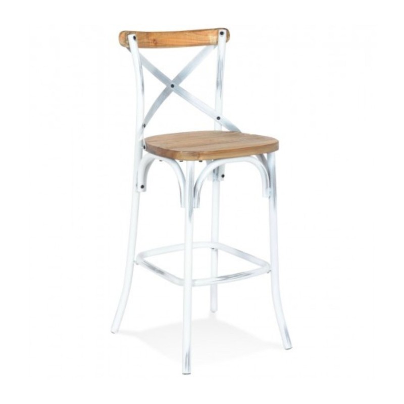Tabouret de bar COTTAGE bois noyer effet vieilli et métal blanc – vue générale