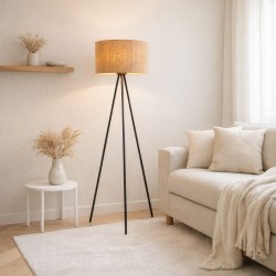 Lampadaire trépied ANTONIO avec abat-jour en Liège et 3 pieds en métal noir