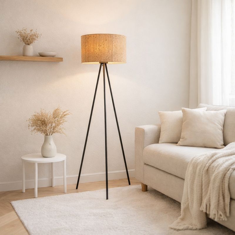 Lampadaire trépied ANTONIO avec abat-jour en Liège et 3 pieds en métal noir