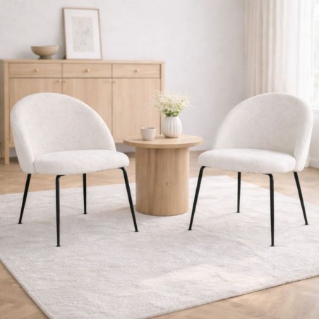 Lot de 2 fauteuils lounge NORVEGIA en tissu bouclé blanc et métal noir
