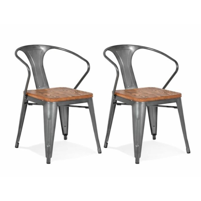 Chaise industrielle METROPOLIS gris foncé en métal et bois sur fond blanc