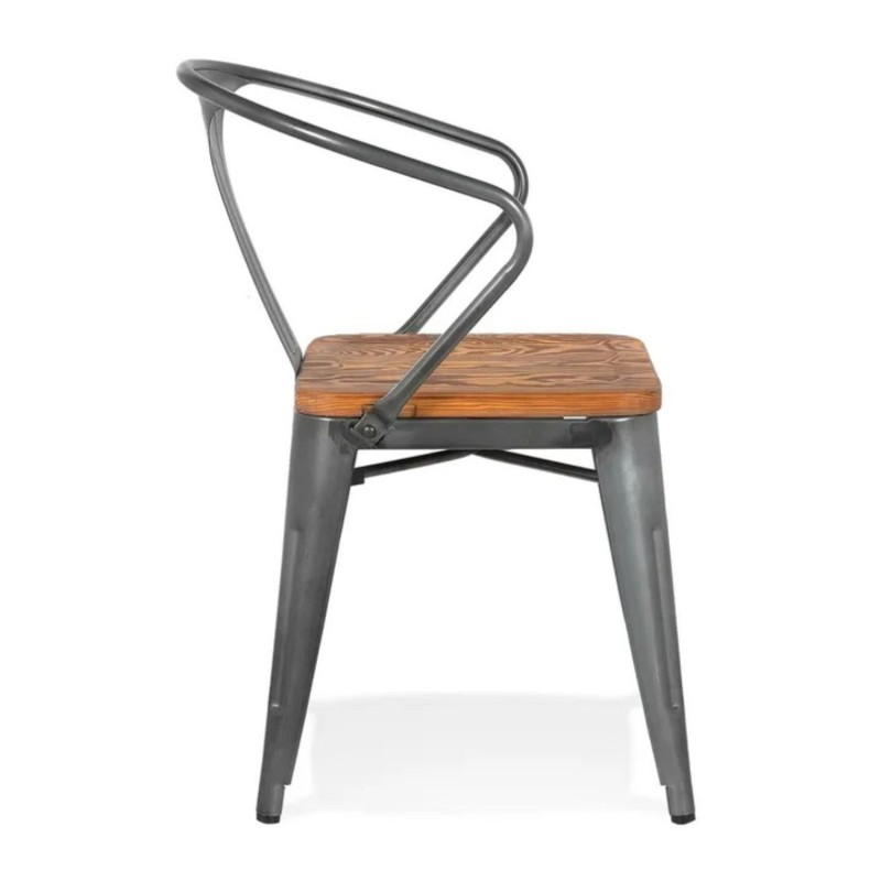 Vue de profil de la chaise industrielle METROPOLIS en métal gris foncé et bois
