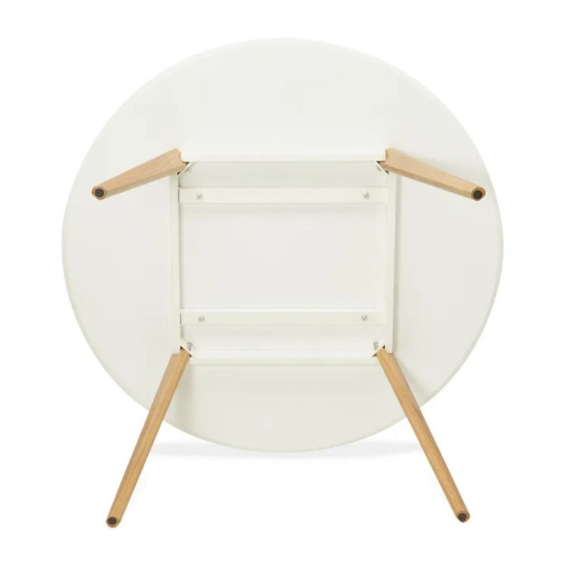 Vue dessous de la table ronde AMY avec piètement en chêne massif