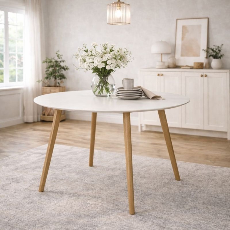 Table ronde AMY blanche style scandinave dans une cuisine lumineuse