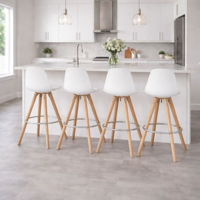 Lot de 4 tabourets snack mi-hauteur TATAMI blancs dans une cuisine moderne scandinave