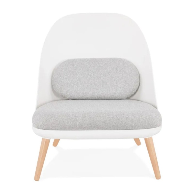 Vue de face du fauteuil lounge TICOS blanc pieds en bois naturel