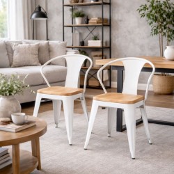Lot de 2 chaises industrielles METROPOLIS en métal blanc et assise bois, ambiance salle à manger