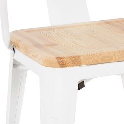 Détail de l’assise en bois plaqué hêtre du lot de chaises industrielles METROPOLIS