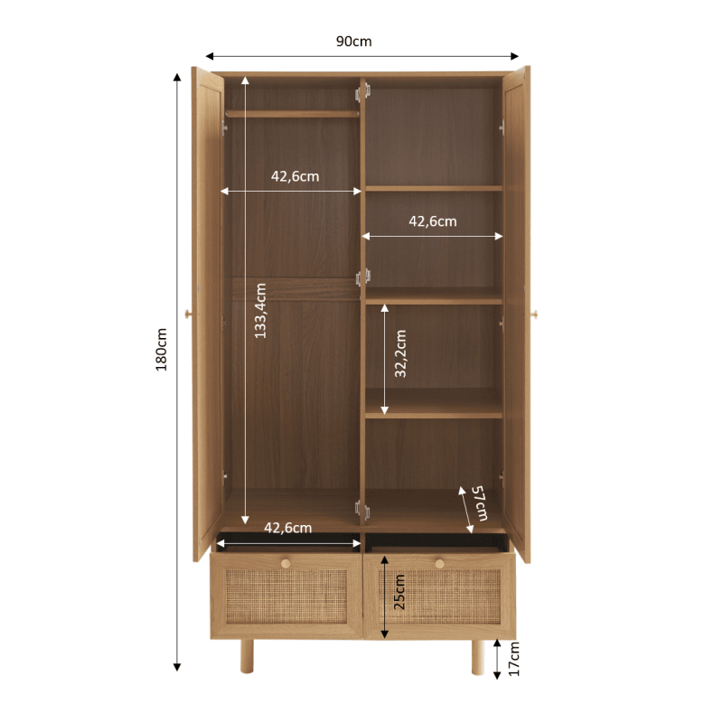 Armoire HELENA effet chêne et cannage rotin 90cm