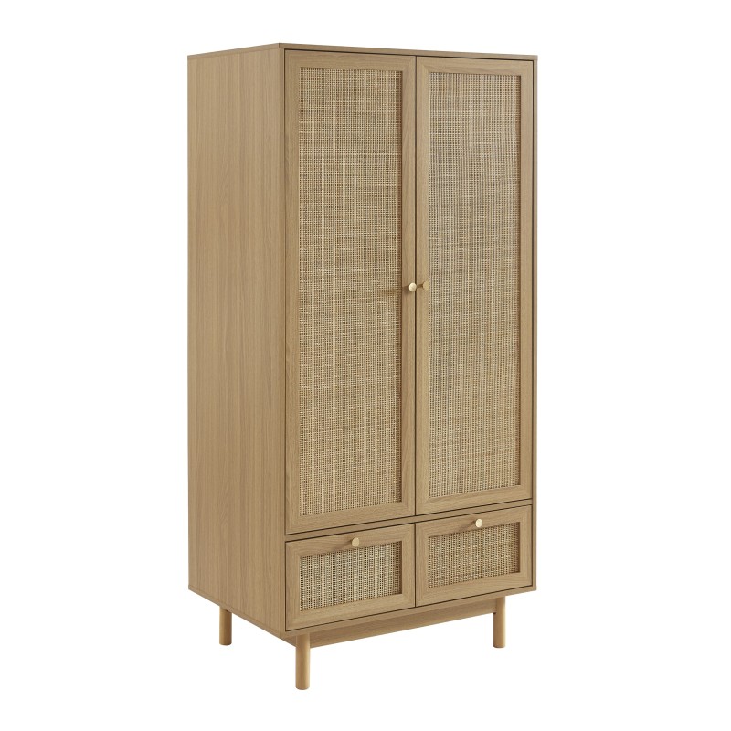 Armoire HELENA effet chêne et cannage rotin 90cm