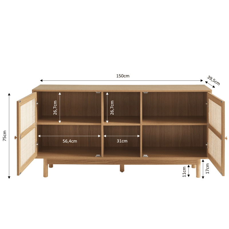 Buffet HELENA effet chêne et cannage rotin 150 cm