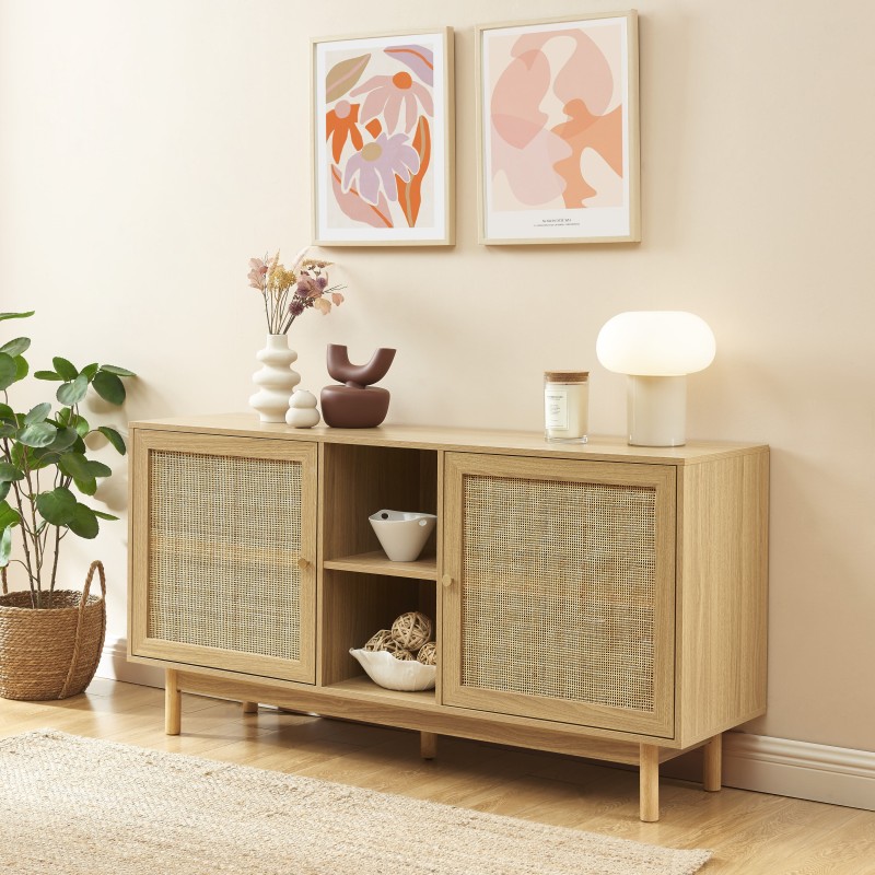 Buffet HELENA effet chêne et cannage rotin 150 cm