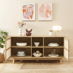 Buffet HELENA effet chêne et cannage rotin 150 cm