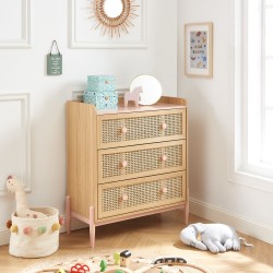 Commode PABLO rose et cannage rotin 3 tiroirs