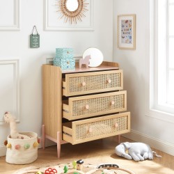 Commode PABLO rose et cannage rotin 3 tiroirs