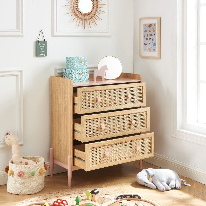 Commode PABLO rose et cannage rotin 3 tiroirs