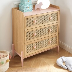 Commode PABLO rose et cannage rotin 3 tiroirs