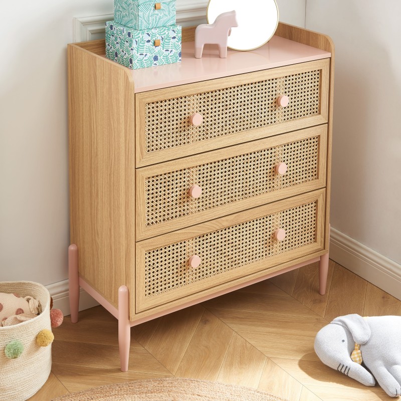 Commode PABLO rose et cannage rotin 3 tiroirs