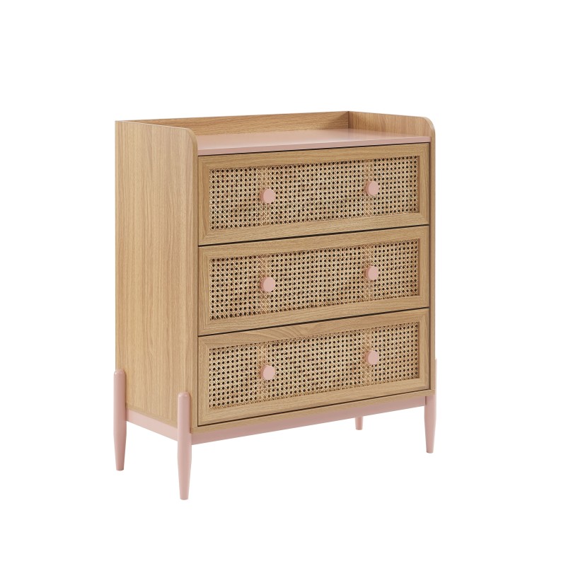 Commode PABLO rose et cannage rotin 3 tiroirs