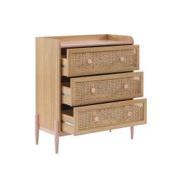Commode PABLO rose et cannage rotin 3 tiroirs