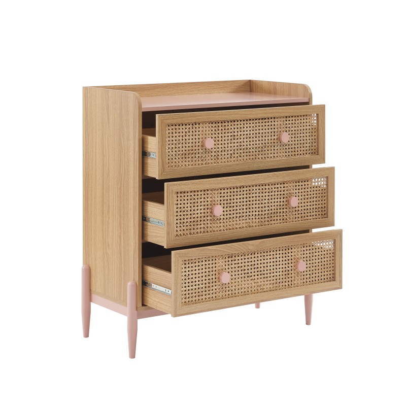 Commode PABLO rose et cannage rotin 3 tiroirs