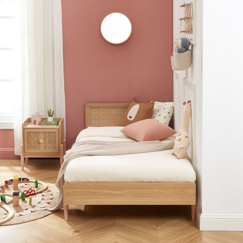 Lit enfant PABLO rose et cannage rotin 90x190 sommier inclus