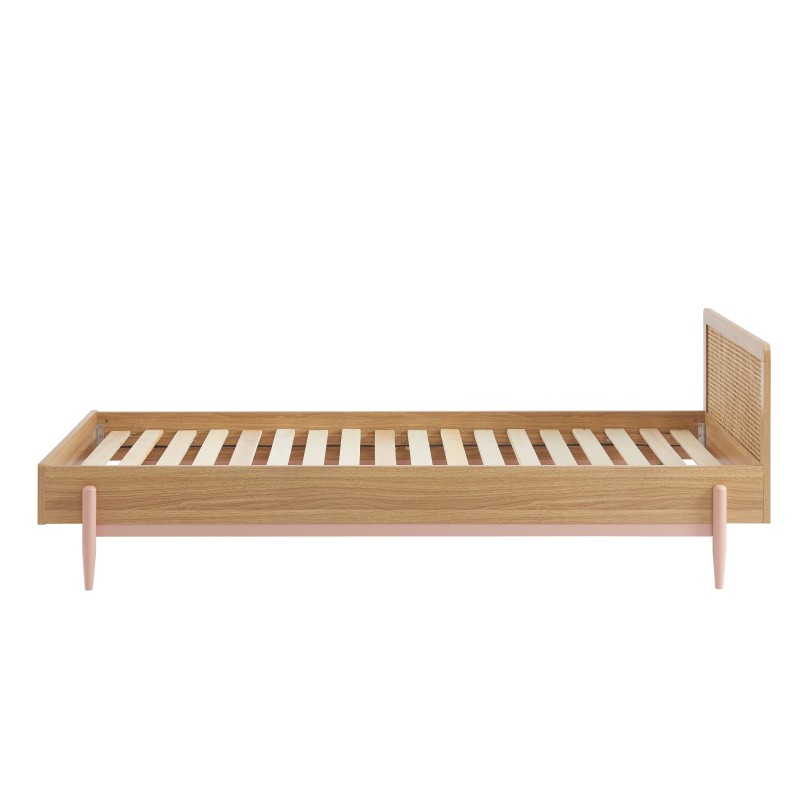 Lit enfant PABLO rose et cannage rotin 90x190 sommier inclus