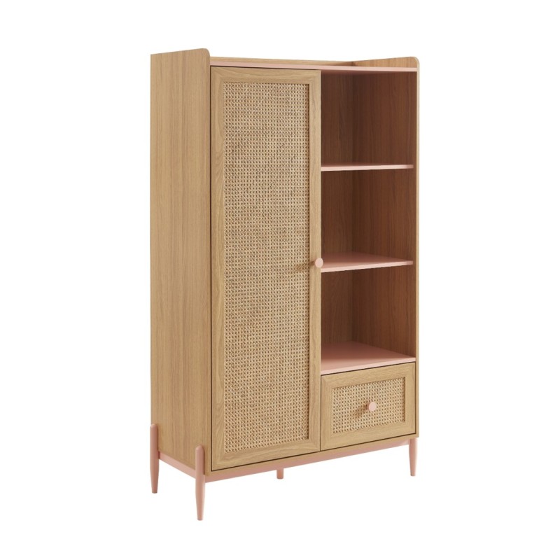 Armoire PABLO rose et cannage rotin 1 porte et 1 tiroir