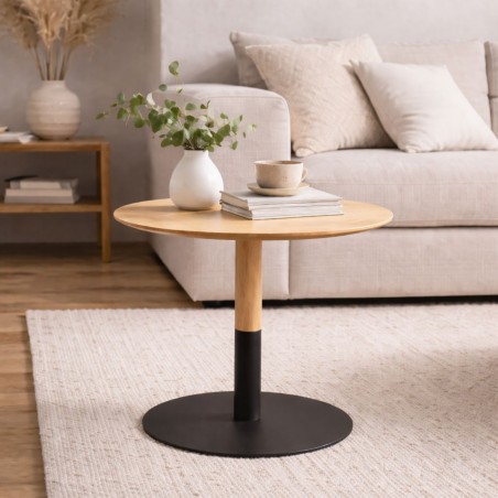 Packshot table d’appoint ronde DALI H45 bois naturel et structure métal noir fond blanc
