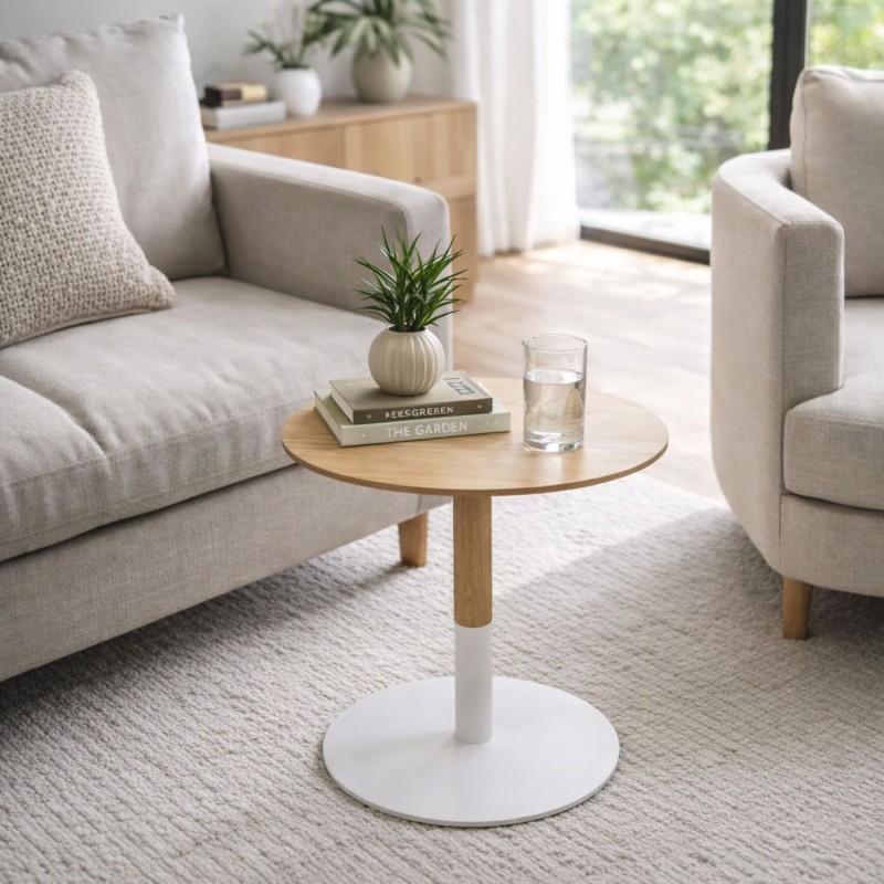 Table basse ronde DILA H40 bois naturel et métal blanc mise en scène dans un salon moderne et lumineux