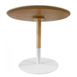 Vue de face table basse design ronde DILA H40 bois finition naturelle et base métal blanc