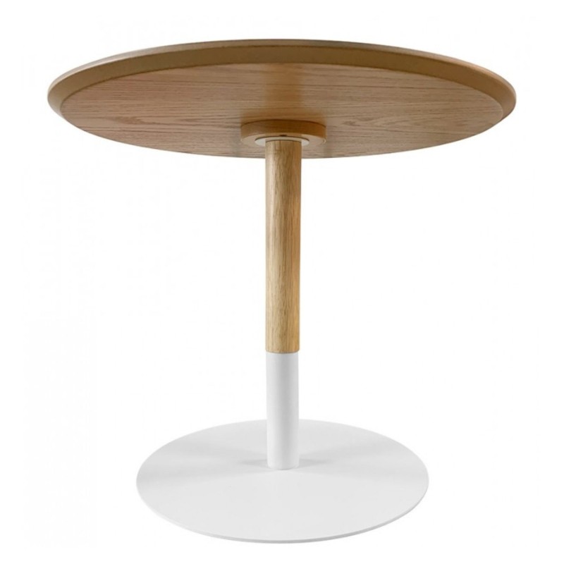 Vue de face table basse design ronde DILA H40 bois finition naturelle et base métal blanc