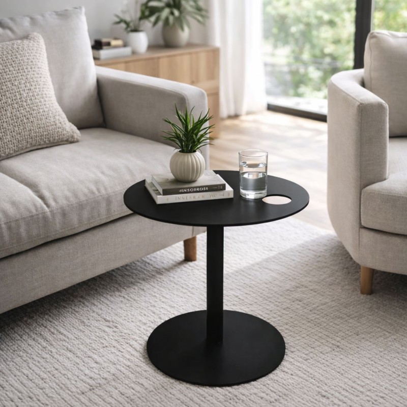 Table d’appoint ovale MASA en métal noir dans un salon moderne style industriel