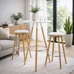 Table haute ronde BARY bois blanc dans cuisine moderne avec tabourets hauts