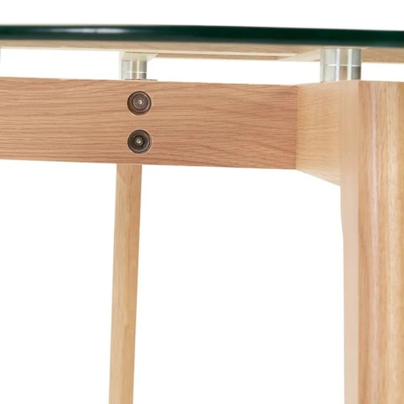 Détail système de fixation plateau verre et pieds bois table ANGELA