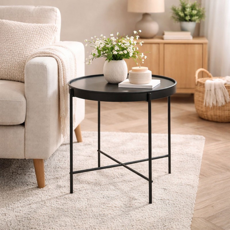Plateau rond en verre trempé table d’appoint KOLOS noire design moderne