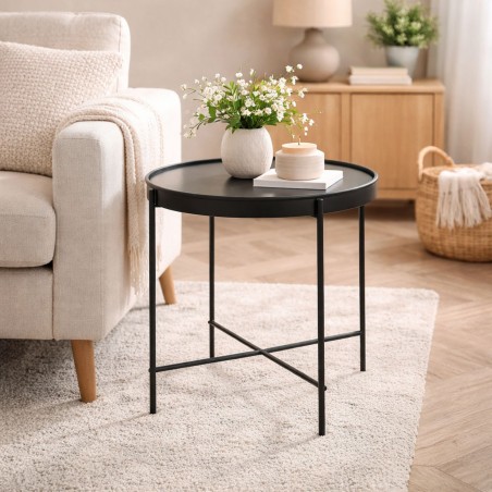 Table d’appoint KOLOS noire avec plateau en verre trempé et structure en métal noir