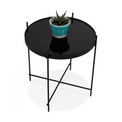 Vue de profil table d’appoint KOLOS noire en verre et métal thermolaqué