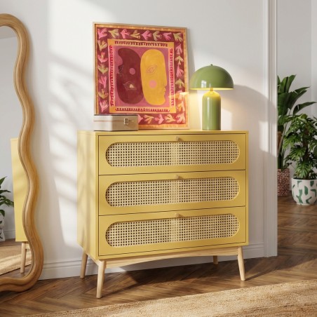 Commode SIXTINE jaune safran et cannage rotin 3 tiroirs