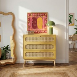 Commode SIXTINE jaune safran et cannage rotin 3 tiroirs