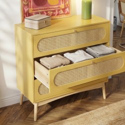 Commode SIXTINE jaune safran et cannage rotin 3 tiroirs