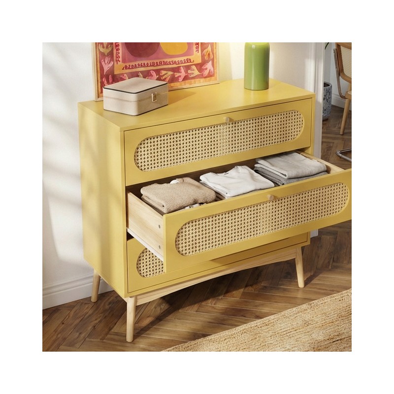Commode SIXTINE jaune safran et cannage rotin 3 tiroirs
