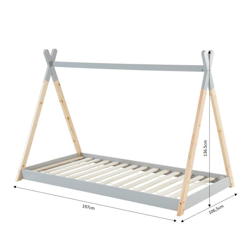 Lit enfant tipi TINY  pin gris  90x190 sommier inclus