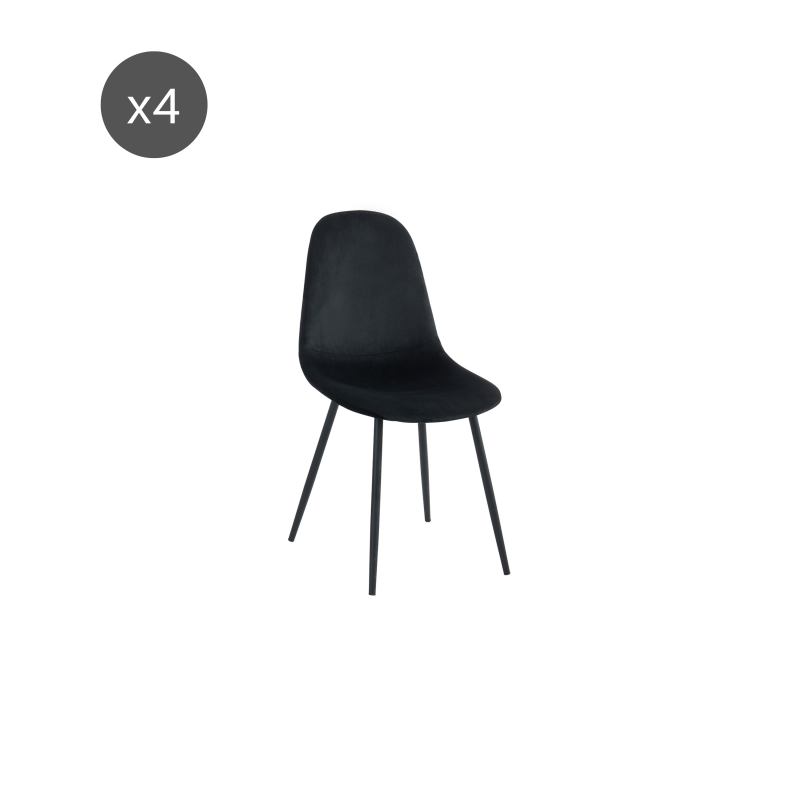 Lot de 4 chaises LENA velours noir pieds métal noir